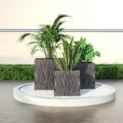 LeisureMod Verdura Mid-Century Modern 3-Piece Fiberstone Planter Set Black