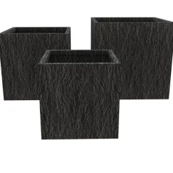 LeisureMod Verdura Mid-Century Modern 3-Piece Fiberstone Planter Set Black
