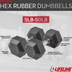 Lifeline Hex Rubber Dumbbell Fitness Training Weight Set 380lb Black/Chrome