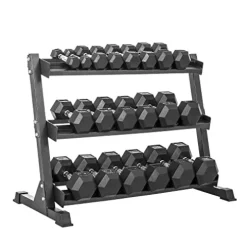 Lifeline Hex Rubber Dumbbell Set with Weight Rack Black