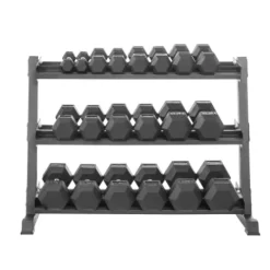 Lifeline Hex Rubber Dumbbell Set with Weight Rack Black