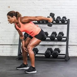 Lifeline Hex Rubber Dumbbell Set with Weight Rack Black