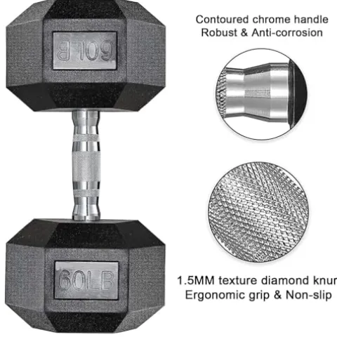 LIFERUN Rubber Coated Cast Iron Hex Dumbbell Set, 75lb Black