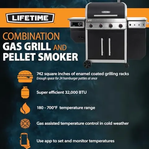 Lifetime Gas Grill and Wood Pellet Smoker Combo with WiFi and Bluetooth Control Black & Silver