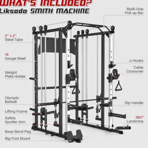 Liksodo Smith Machine 2000LBS Squat Rack with LAT-Pull Down & Cable Crossover White