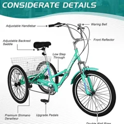 LILYPELLE Adult Folding Tricycle 7 Speed 26 inch Light Green