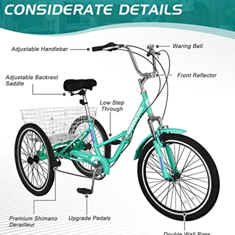 LILYPELLE Adult Folding Tricycle 7 Speed 26 inch Light Green