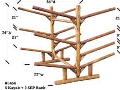 Log Kayak Rack 5 Kayak or Canoe Plus 2 SUP or Surfboard Canyon Brown Finish