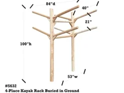 Log Kayak Rack 4 Place Buried in Ground Kayak and Canoe Rack Natural Finish