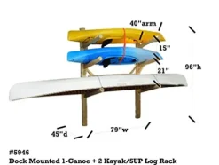 Log Kayak Rack Dock Mounted 1 Canoe Plus 2 Kayak or SUP Natural Finish