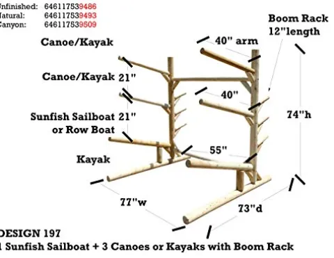 Log Kayak Rack Sunfish Sailboat + 3 Canoes or Kayaks with Boom Rack Natural
