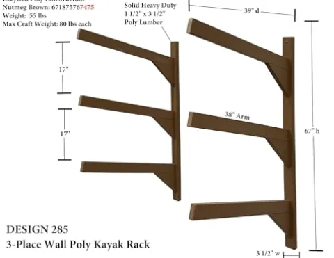 Log Kayak Rack Wall Kayak Holder Recycled Plastic Surfboard Rack Nutmeg Brown