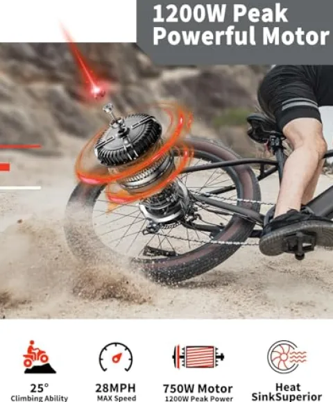 Luckeep 1200W Electric Mountain Bike with Lock, 26″ Fat Tire, 48V Battery