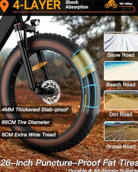 Luckeep 1200W Electric Mountain Bike with Lock, 26″ Fat Tire, 48V Battery