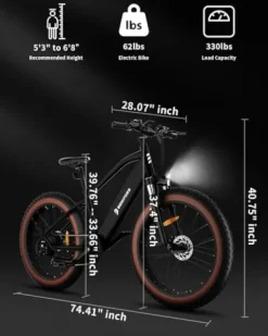 Luckeep 1200W Electric Mountain Bike with Lock, 26″ Fat Tire, 48V Battery