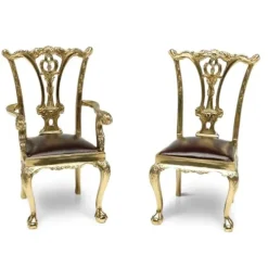 Maitland-Smith Miniature Chippendale Chairs Ornament Brass & Leather Multicolor