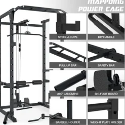 Mappding Power Cage Black Multi-Functional Power Rack with J-Hooks, Dip Handles, Landmine Attachment and Cable Pulley System Q2 Black