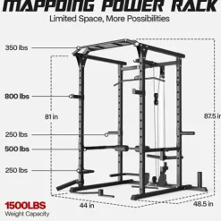 Mappding Power Cage Black Multi-Functional Power Rack with J-Hooks, Dip Handles, Landmine Attachment and Cable Pulley System Q2 Black
