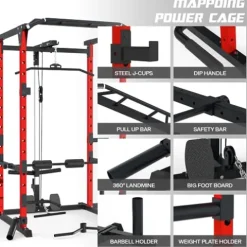 Mappding Power Cage with LAT Pulldown, Multi-Functional Squat Rack Red