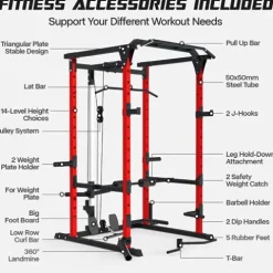 Mappding Power Cage with LAT Pulldown, Multi-Functional Squat Rack Red