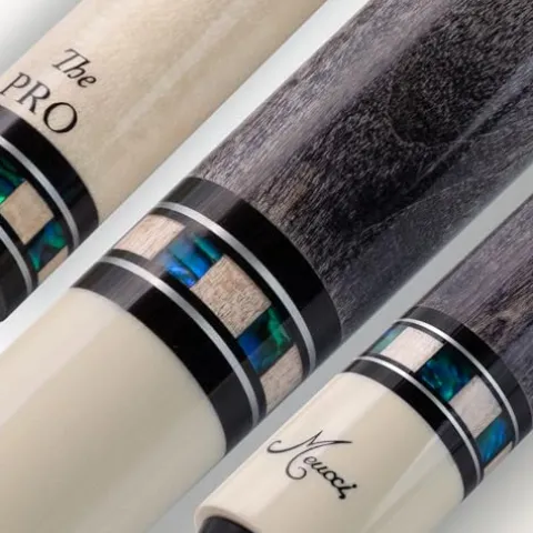 Meucci Pool Cues – Merry Widow Blue & Gray Maple Cue Stick with Paua Shell Squares Design, Irish Linen Wrap – Smoke Stain, Blue/Black Lacquered Linen