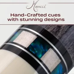 Meucci Pool Cues – Merry Widow Blue & Gray Maple Cue Stick with Paua Shell Squares Design, Irish Linen Wrap – Smoke Stain, Blue/Black Lacquered Linen
