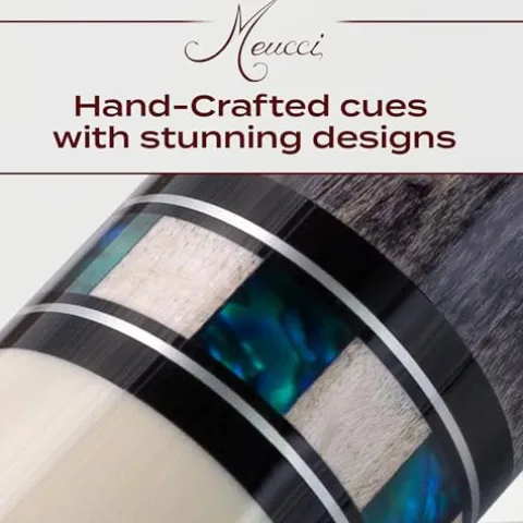 Meucci Pool Cues – Merry Widow Blue & Gray Maple Cue Stick with Paua Shell Squares Design, Irish Linen Wrap – Smoke Stain, Blue/Black Lacquered Linen