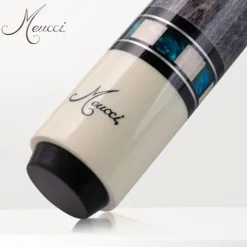 Meucci Pool Cues – Merry Widow Blue & Gray Maple Cue Stick with Paua Shell Squares Design, Irish Linen Wrap – Smoke Stain, Blue/Black Lacquered Linen