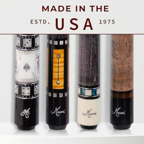 Meucci Pool Cues – Merry Widow Blue & Gray Maple Cue Stick with Paua Shell Squares Design, Irish Linen Wrap – Smoke Stain, Blue/Black Lacquered Linen