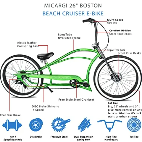 MICARGI Boston GT7 Fat Tire Beach Cruiser Bike 7-Speed Dual Suspension Green