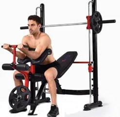 MiM USA Adjustable Olympic Weight Bench Press Set with Leg Extension, Preacher Curl, Squat Rack w/Smith Structure – Black Red