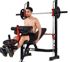 MiM USA Adjustable Olympic Weight Bench Press Set with Leg Extension, Preacher Curl, Squat Rack w/Smith Structure – Black Red