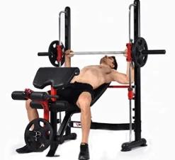 MiM USA Adjustable Olympic Weight Bench Press Set with Leg Extension, Preacher Curl, Squat Rack w/Smith Structure – Black Red