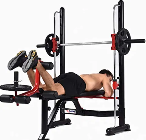 MiM USA Adjustable Olympic Weight Bench Press Set with Leg Extension, Preacher Curl, Squat Rack w/Smith Structure – Black Red