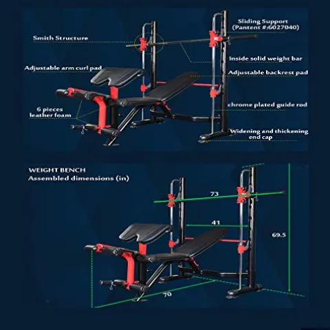 MiM USA Adjustable Olympic Weight Bench Press Set with Leg Extension, Preacher Curl, Squat Rack w/Smith Structure – Black Red