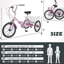 NAIZEA Adult Folding Tricycle 7 Speed 20/24/26 Inch 3 Wheel Bike Cruiser Trike with Large Basket – Pink
