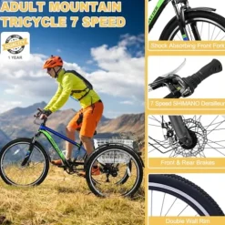 NAIZEA Adult Mountain Tricycle 7 Speed Three Wheel Cruiser Bike 24/26/27.5 Inch Trikes with Shopping Basket Black Blue Green