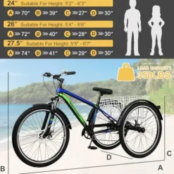 NAIZEA Adult Mountain Tricycle 7 Speed Three Wheel Cruiser Bike 24/26/27.5 Inch Trikes with Shopping Basket Black Blue Green