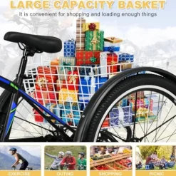 NAIZEA Adult Mountain Tricycle 7 Speed Three Wheel Cruiser Bike 24/26/27.5 Inch Trikes with Shopping Basket Black Blue Green