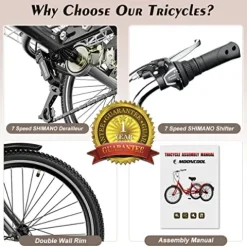 NAIZEA Adult Tricycle 7 Speed Three Wheel Cruiser Bike 20/24/26 inch with Large Basket Apple Green