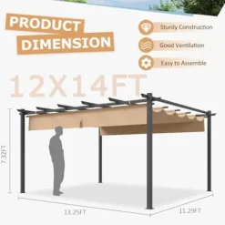 oneinmil 12′ x 14′ Hardtop Pergola with Adjustable Roof Beige3