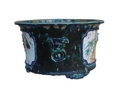 Orientliving Chinese Ceramic Dimensional Flower Butterfly Round Planter Green