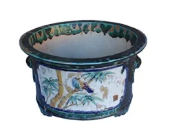 Orientliving Chinese Ceramic Dimensional Flower Butterfly Round Planter Green