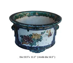Orientliving Chinese Ceramic Dimensional Flower Butterfly Round Planter Green