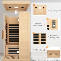 OUTEXER Indoor Far Infrared Sauna Canadian Hemlock Single Person Spa Wood Color