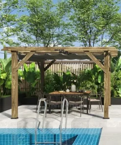 Perbyste 10′ x 12′ Outdoor Wood Pergola with Retractable Shade Canopy Charcoal Gray