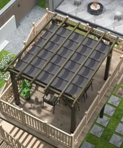 Perbyste 10′ x 12′ Outdoor Wood Pergola with Retractable Shade Canopy Charcoal Gray