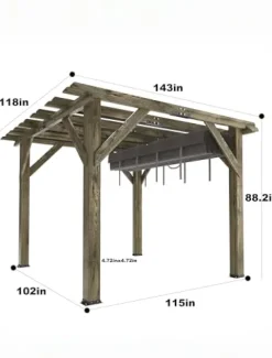 Perbyste 10′ x 12′ Outdoor Wood Pergola with Retractable Shade Canopy Charcoal Gray