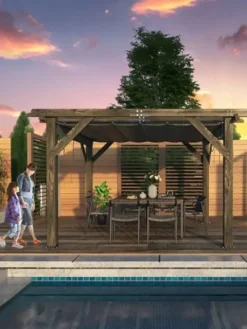 Perbyste 10′ x 12′ Outdoor Wood Pergola with Retractable Shade Canopy Charcoal Gray