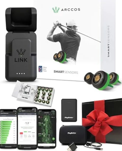PlayBetter Arccos Smart Sensors (Gen3+) & Arccos Link Pro Gift Box Bundle – Set of 14 Golf Shot Tracker System, A.I. GPS Rangefinder – Includes PlayBetter Portable Charger, Wall Adapter & Hard Case, Gift Box with Arccos Link Pro